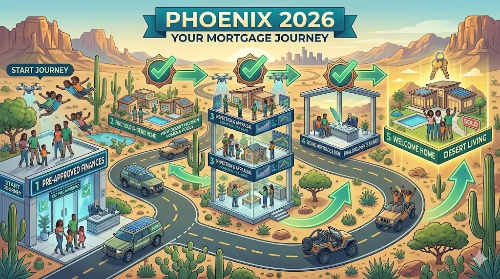 Horizontal desert roadmap infographic showing Phoenix mortgage steps with milestones and homebuying journey