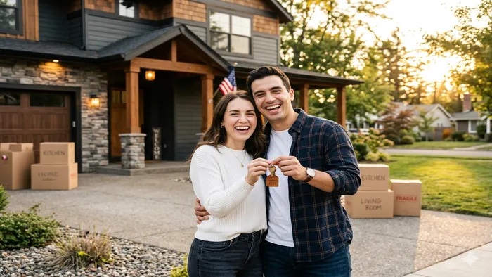 Happy young couple smiling and holding new house keys, celebrating buying their first home together