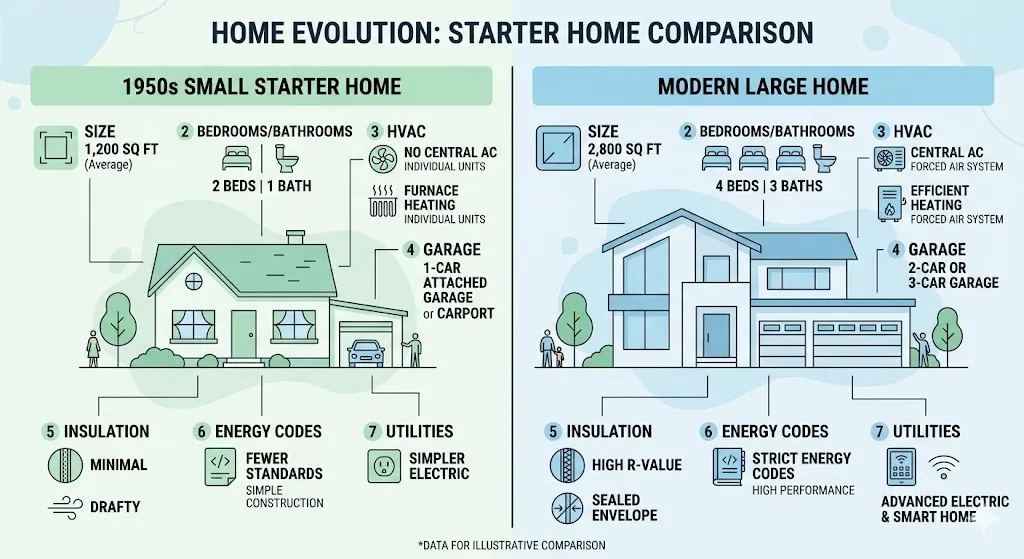 Infographic comparing small 1950s homes with modern larger homes including added features and costs.