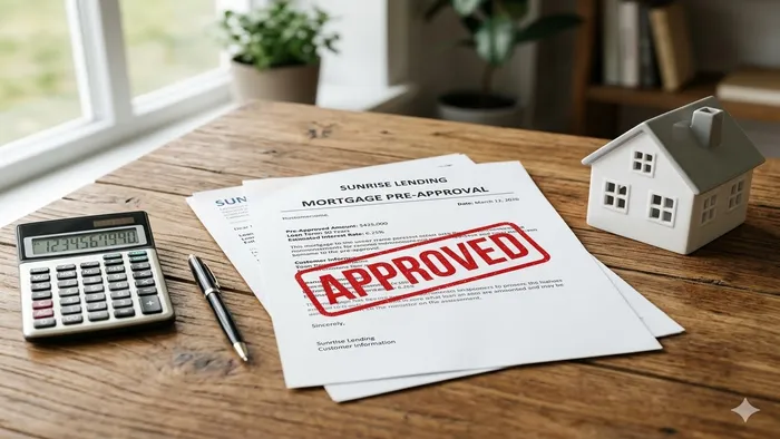Approved mortgage pre-approval document stamped 'APPROVED' next to small house model and calculator