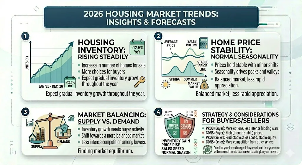 Infographic showing rising housing inventory stable home prices and normalized market conditions giving buyers more advantage in 2026