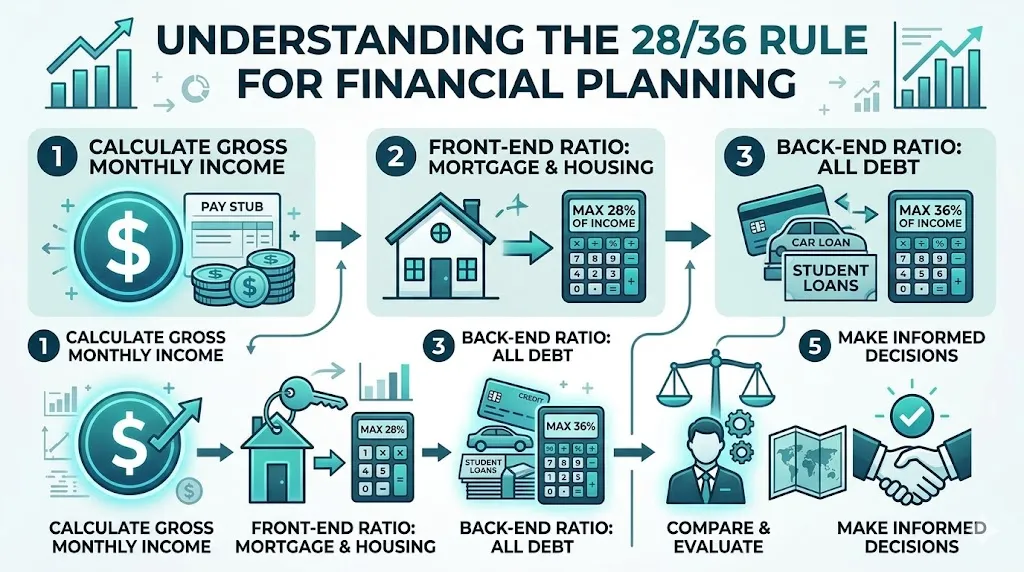 Infographic explaining the 28 36 mortgage rule showing how much income should go to housing and total debt for loan approval