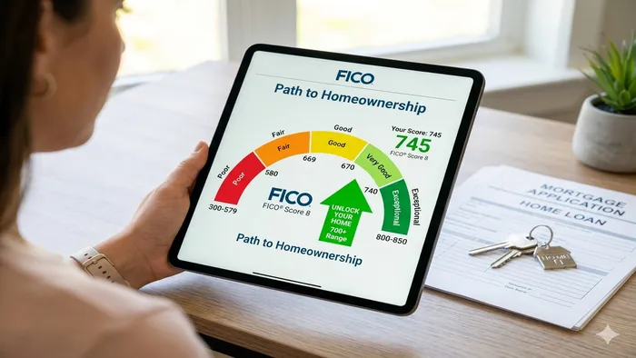 Bar graph showing FICO credit score distribution – higher scores like 750+ give best mortgage rates