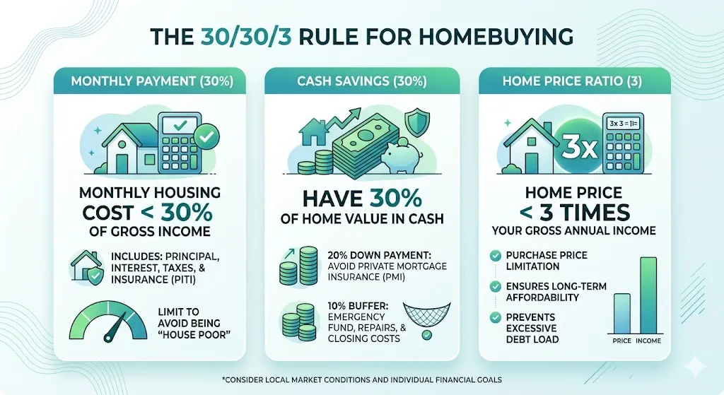 Infographic explaining the 30 30 3 rule including spending 30 percent on housing saving 30 percent cash and buying a home under 3 times income