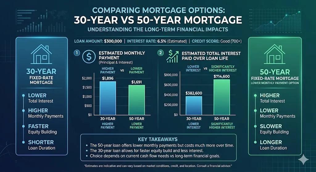 Infographic comparing 30-year and 50-year mortgages highlighting lower monthly payments but significantly higher total interest paid over time