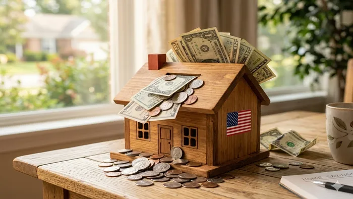Wooden house-shaped piggy bank filled with cash – saving for your home down payment