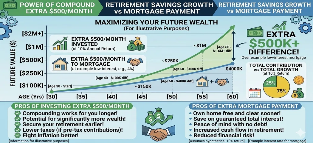 Compound interest growth chart: $500/month in 401k at 10% return over years vs paying extra on mortgage