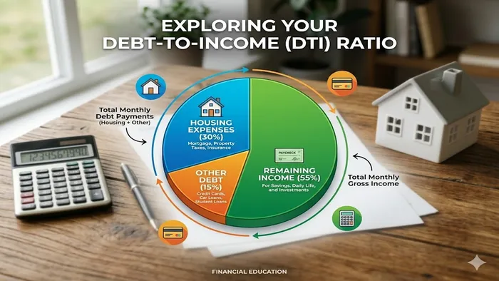 Pie chart explaining debt-to-income (DTI) ratio – housing expenses vs total debt vs remaining income