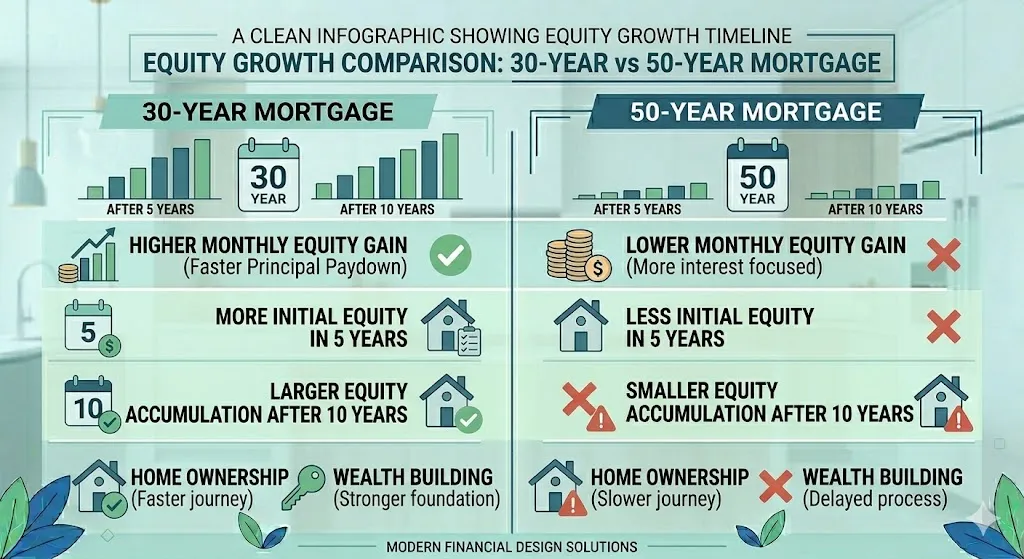 Infographic showing how equity builds slower in a 50-year mortgage compared to a 30-year loan with lower principal payoff in early years