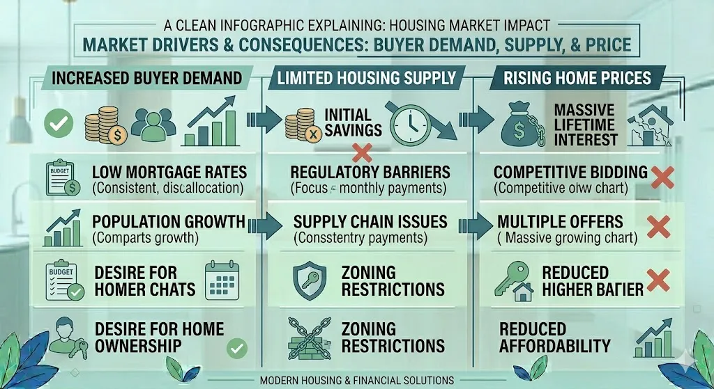 Infographic showing how longer mortgage terms increase buyer demand without increasing housing supply leading to higher home prices