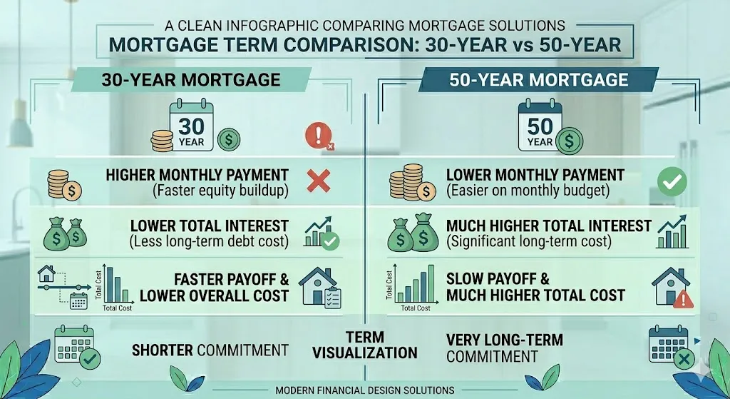 Infographic comparing 50-year and 30-year mortgages highlighting lower monthly payments but significantly higher total interest costs over time