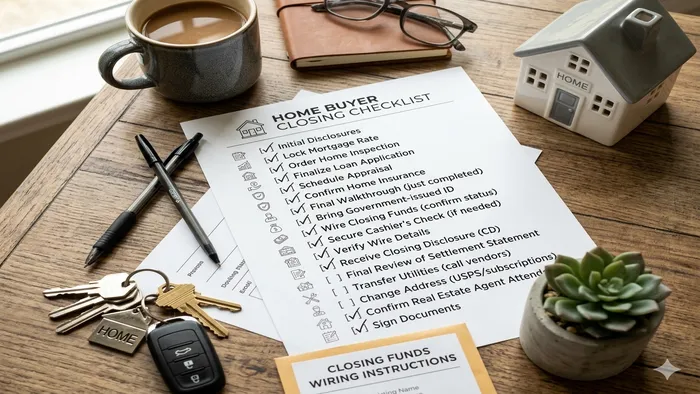 Printable buyer closing checklist with steps like final walkthrough, documents, utilities transfer