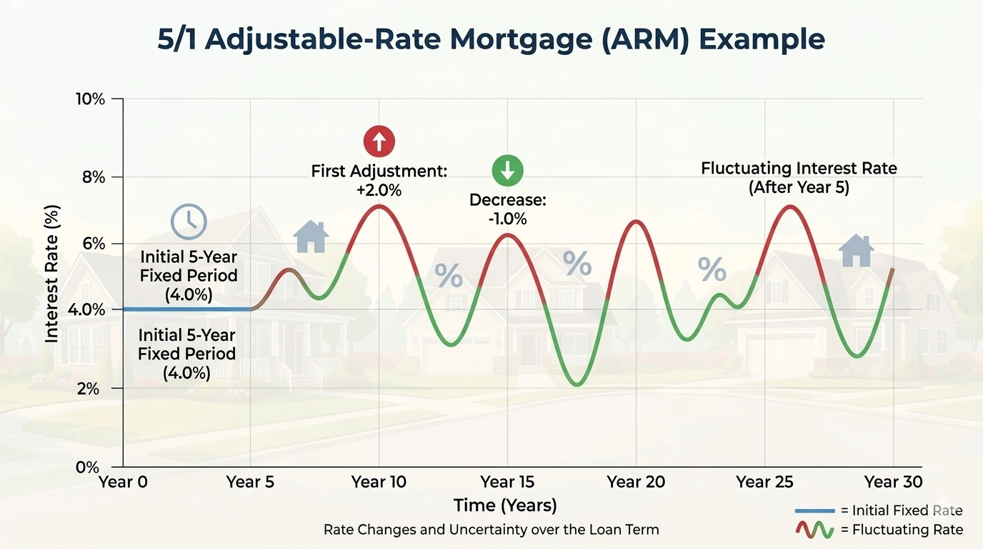 Line graph illustrating an Adjustable Rate Mortgage (ARM) with initial fixed period and later adjustments