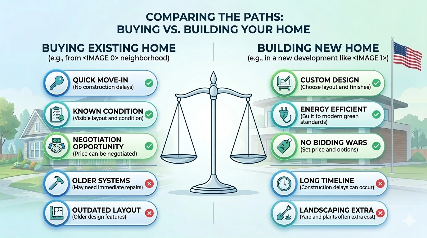 Comparison chart of advantages and disadvantages between buying an existing house and building a new one
