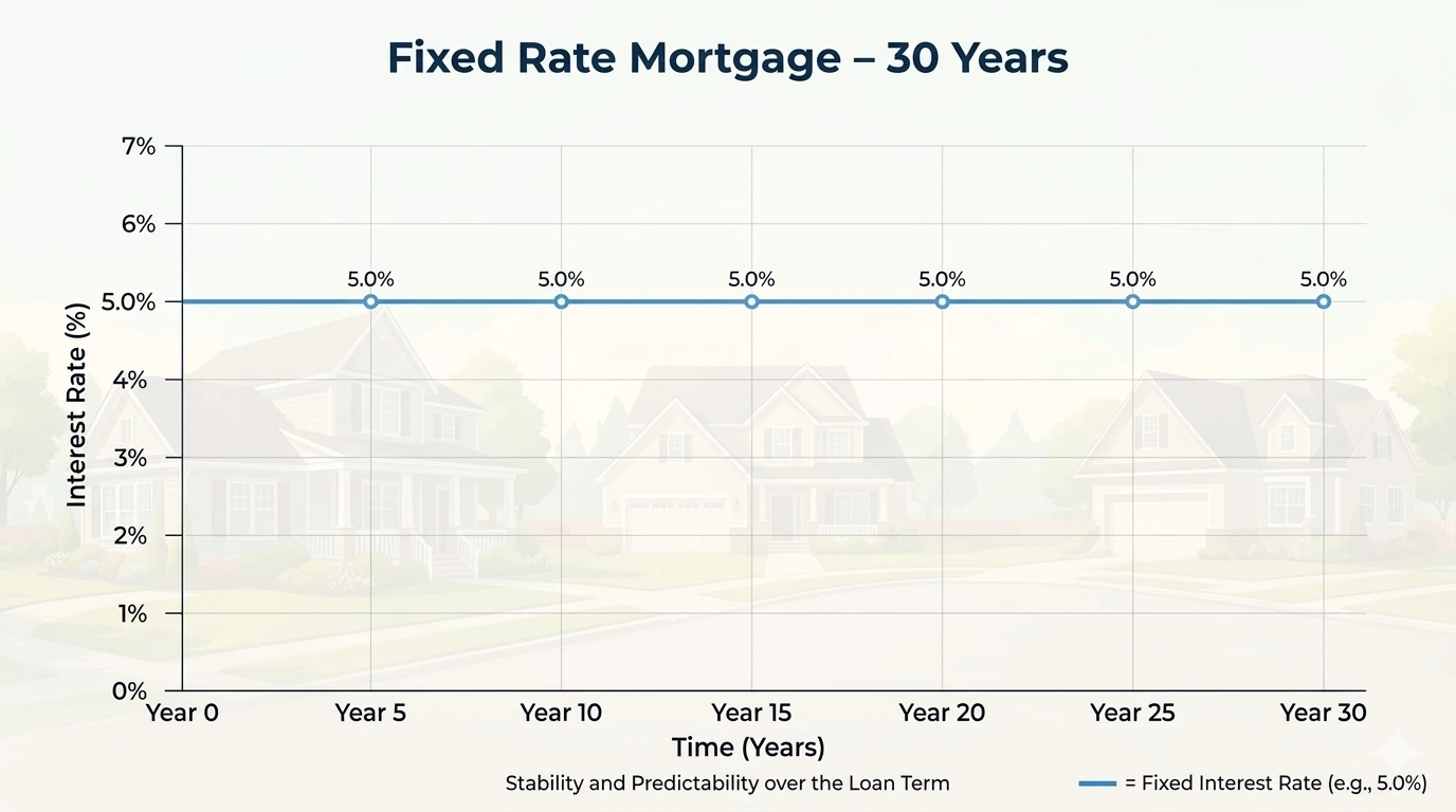 Graph showing stable interest rate on a 30-year fixed-rate mortgage over time