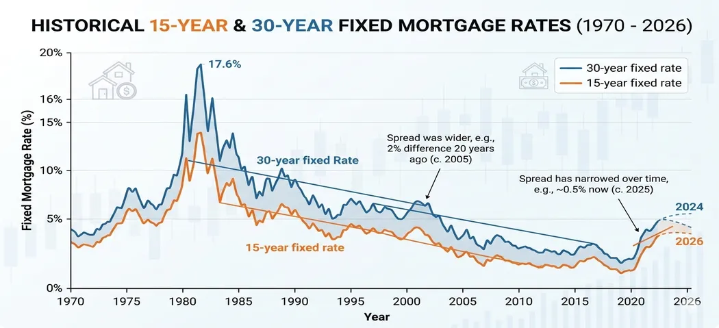 Line graph of historical 15-year and 30-year mortgage rates showing narrowed spread from past decades to 2026