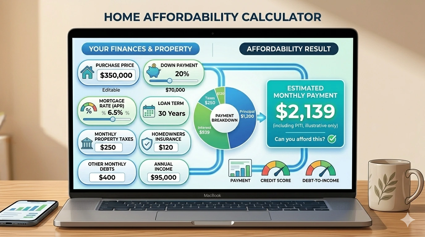 Example of a mortgage affordability calculator showing house price, down payment, and monthly payment
