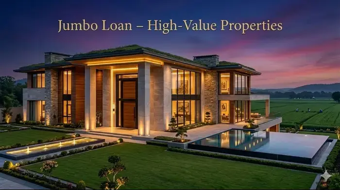 Luxury mansion exterior suitable for jumbo mortgage loans exceeding conforming loan limits