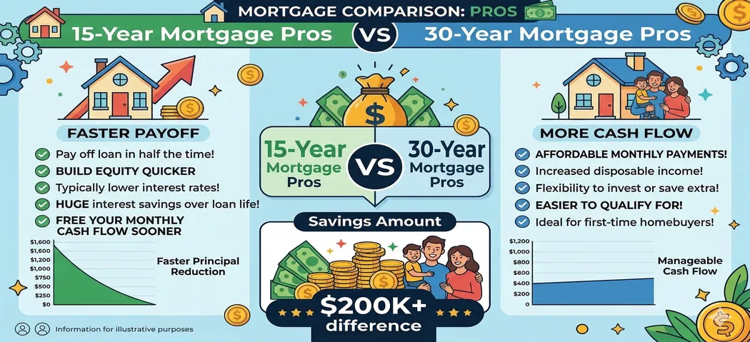 Pros and cons comparison: 15-year mortgage (faster payoff, lower interest) vs 30-year (lower payments, more flexibility)