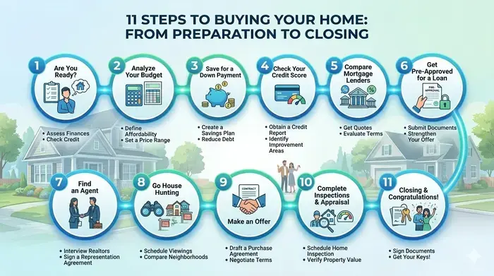 Infographic timeline showing the complete step-by-step process of buying a home