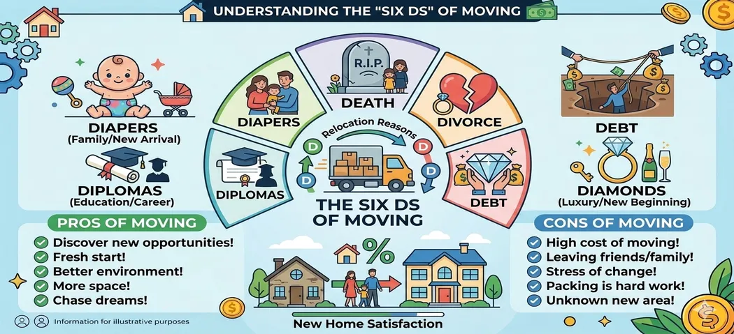 Illustrated pyramid or icons representing the 6 Ds of home moves: Death, Divorce, Debt, Diamonds, Diplomas, Diapers