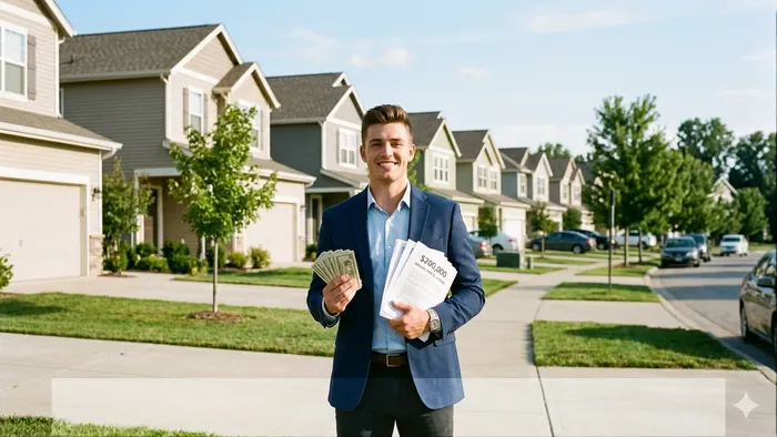 Confident young real estate investor smiling in front of a row of suburban rental properties, holding thick stack of cash and bank statements showing $200,000 monthly income