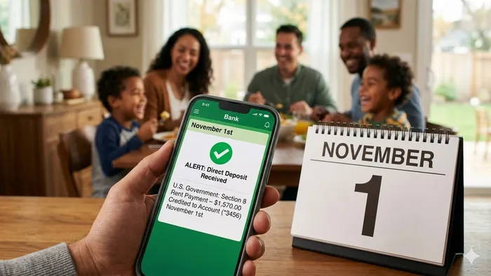 Smartphone screen showing U.S. government Section 8 rent payment of $1,570 credited, calendar on the 1st, happy tenant family in background, green checkmarks