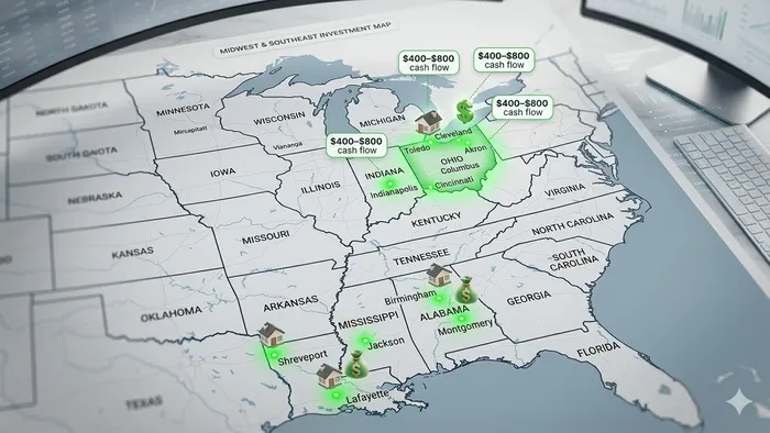 Photorealistic USA map focused on Midwest and Southeast with green highlights on Cleveland, Toledo, Akron, Indianapolis, Birmingham, Montgomery, Jackson, Shreveport, Lafayette – showing $400–$800 monthly cash flow zones