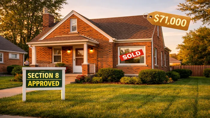 Beautiful move-in-ready brick single-family home with fresh paint, green lawn, 'Section 8 Approved' yard sign, 'Sold' window sticker, subtle $71,000 price tag, golden hour lighting