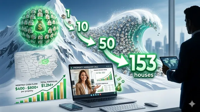 Large snowball rolling downhill growing into an avalanche of rental houses, arrows showing 1 → 10 → 50 → 153, laptop with property manager video call, rising cash flow charts, remote investor silhouette