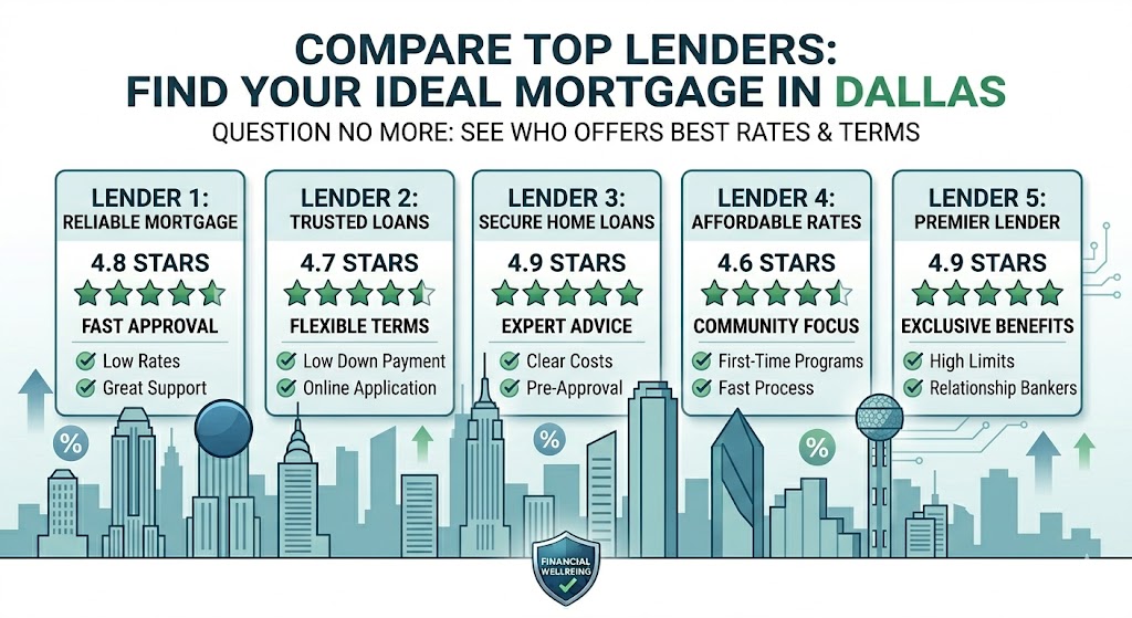 Compare the best mortgage lenders in Dallas for 2026 — top picks for first-time buyers, jumbo loans, FHA, and low credit scores on a $310k Dallas home.