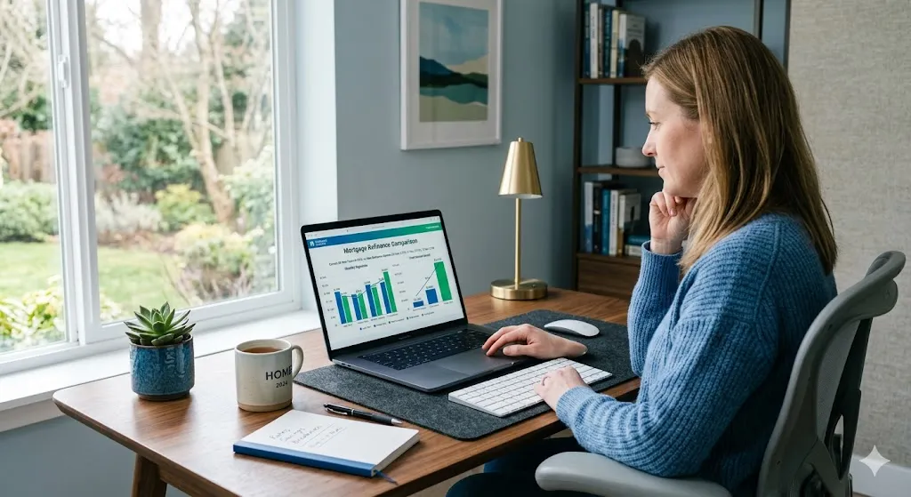 Homeowner reviewing mortgage refinance options on a laptop with charts comparing lenders and interest rates