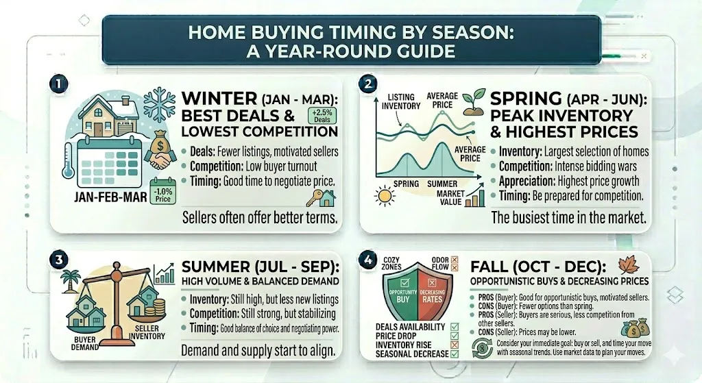 Infographic showing housing market seasonality in 2026 including winter deals spring competition summer opportunities and fall negotiation advantages