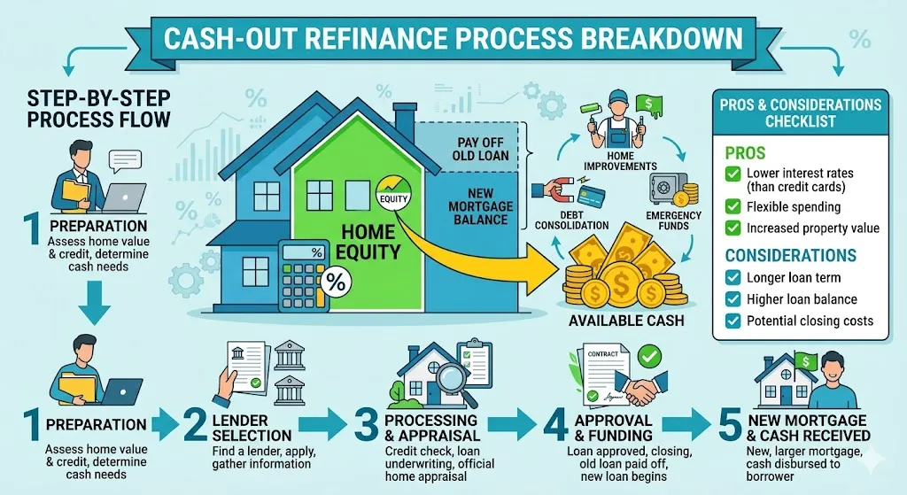 Infographic breaking down cash-out refinance: home equity diagram, cash extraction arrow, new loan amount, uses for repairs or projects, pros icons, in clean blue-green professional mortgage style