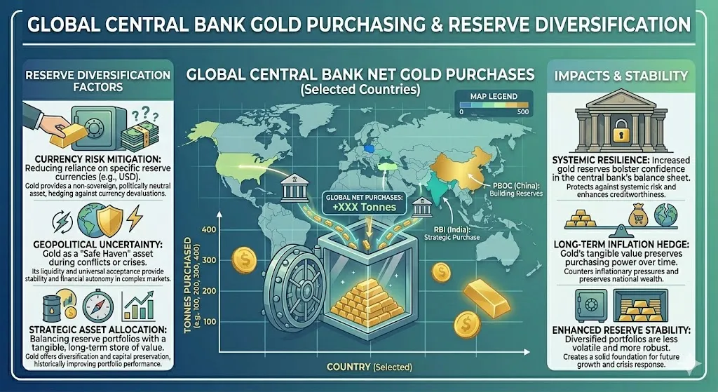 Infographic showing central banks increasing gold reserves diversification away from US dollar and rising global demand especially in Asia