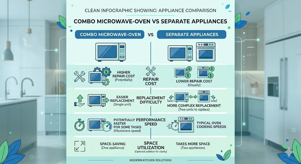Infographic showing disadvantages of microwave oven combo units including high replacement cost, poor performance, and limited repair options compared to separate appliances