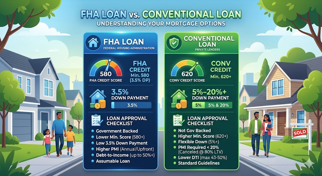 Conventional loan vs FHA 2026: compare credit score, down payment, PMI, loan limits, and buyer fit before choosing.