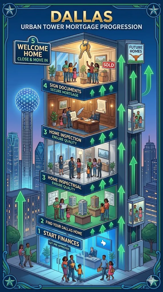 Vertical skyscraper infographic showing Dallas mortgage steps rising upward to homeownership with skyline