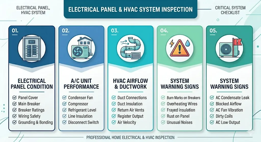 Infographic highlighting electrical panel risks and HVAC system issues including outdated panels poor maintenance and expensive replacement costs