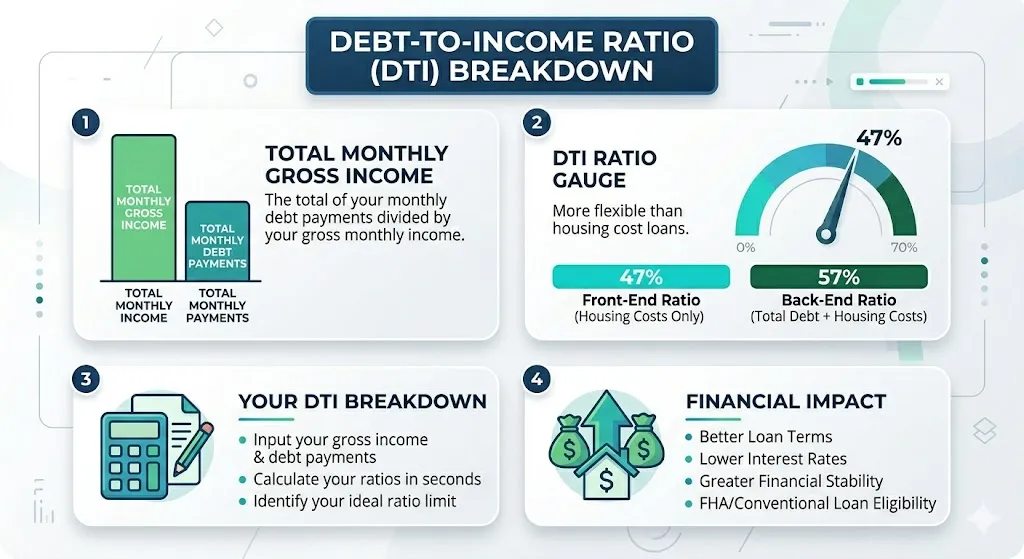 Infographic showing FHA front end ratio up to 47 percent and back end ratio up to 57 percent with income and debt comparison