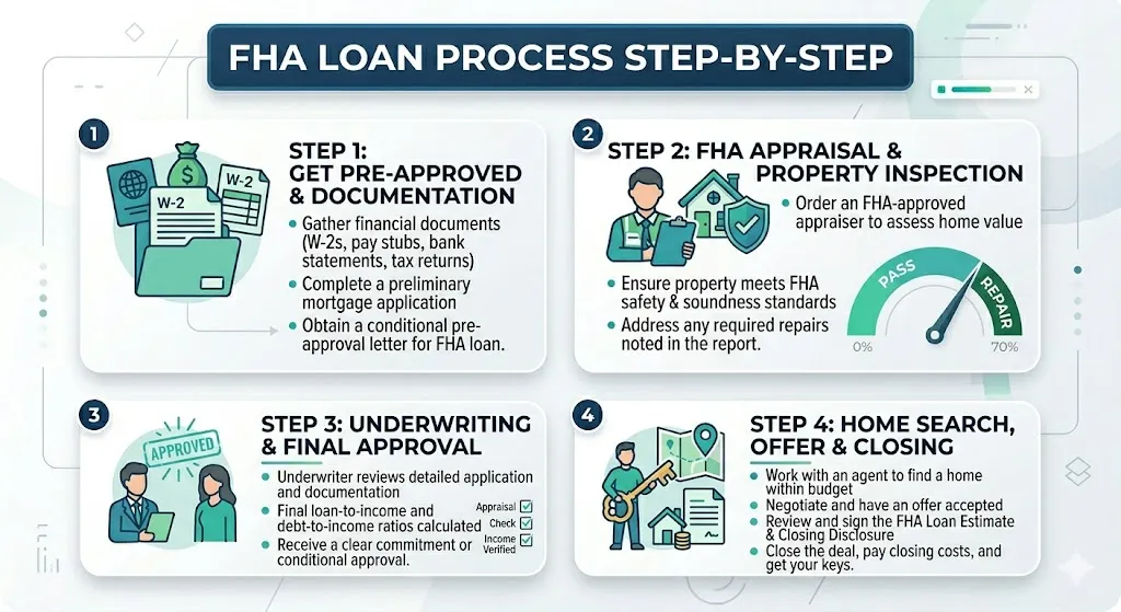 Infographic showing FHA loan process including preapproval documents income verification credit check and final home purchase steps