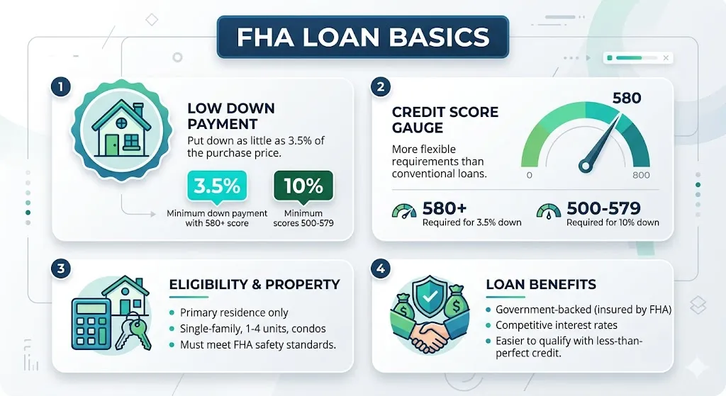 Infographic explaining FHA loan requirements including 3.5 percent down payment for 580 credit score and 10 percent down for lower scores