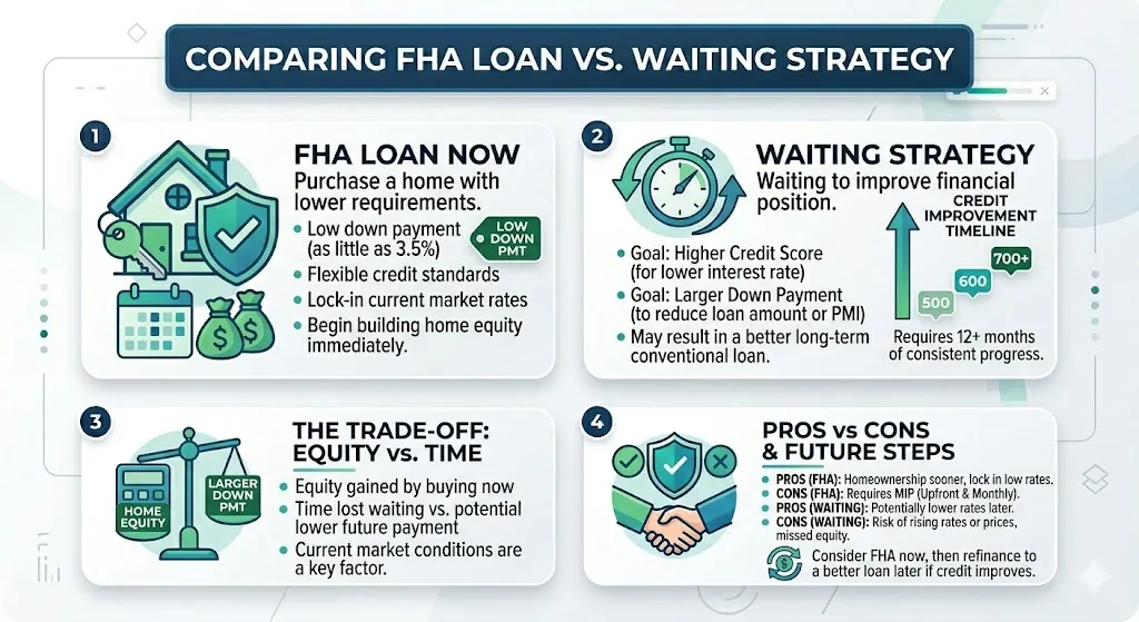 Infographic comparing buying a home with FHA now versus waiting to improve credit score including benefits risks and long term strategy