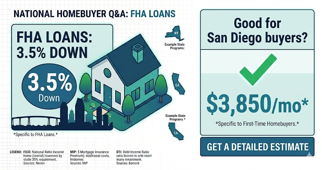 FHA loans for first-time buyers in San Diego: yes — with 3.5% down on homes up to $1,149,825. See credit score rules, real payment examples, and 3 local tips.