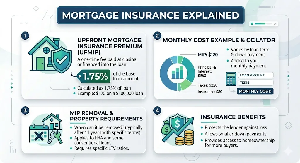 Infographic explaining FHA upfront mortgage insurance premium of 1.75 percent and monthly insurance costs with example breakdown