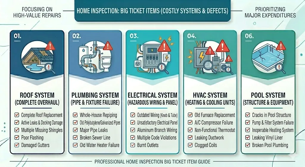 Infographic showing major home systems buyers should focus on including roof plumbing electrical HVAC foundation and pool repairs that can cost thousands