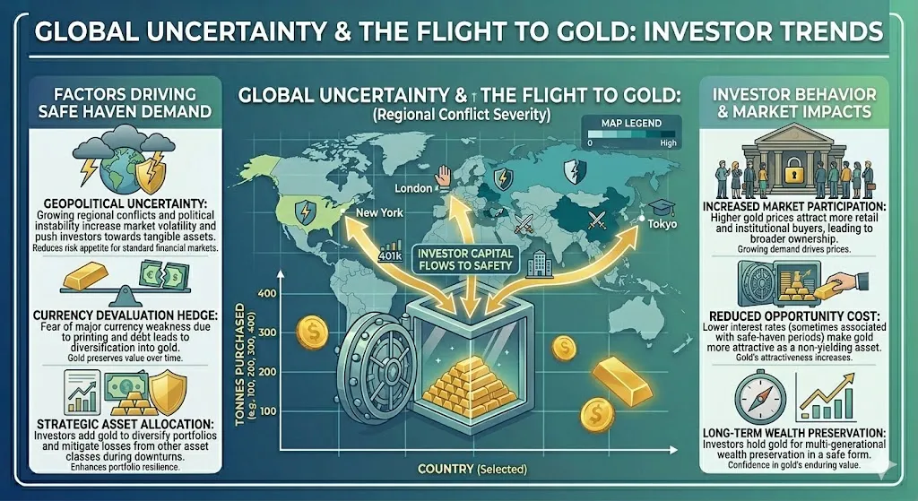 Infographic illustrating how geopolitical tensions wars and economic instability increase demand for gold as a safe haven investment