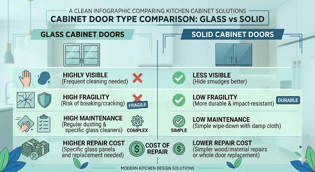 Infographic highlighting problems with glass cabinet doors including fingerprints, fragility, high maintenance, and replacement costs