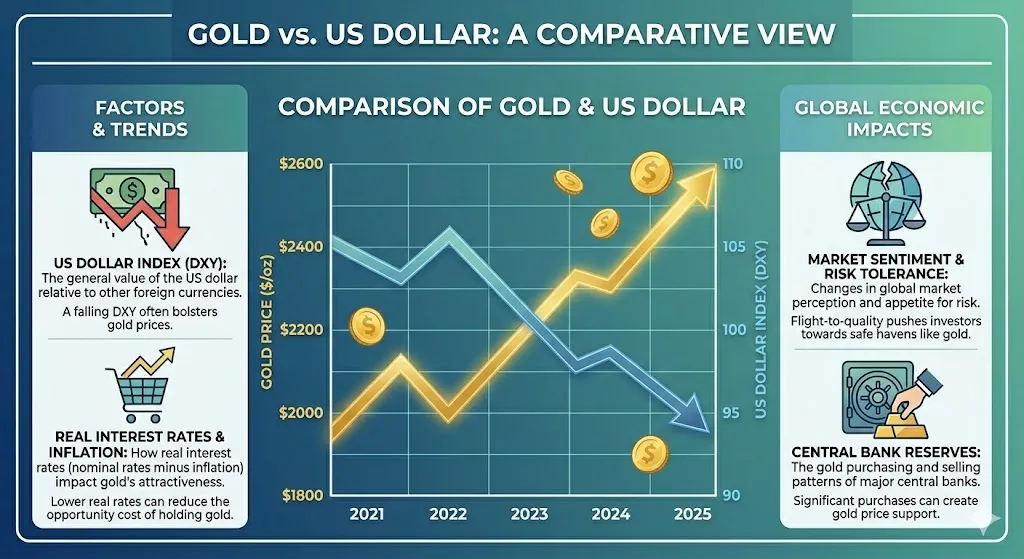 Infographic illustrating inverse relationship between gold prices and US dollar value with opposite arrows and currency comparison