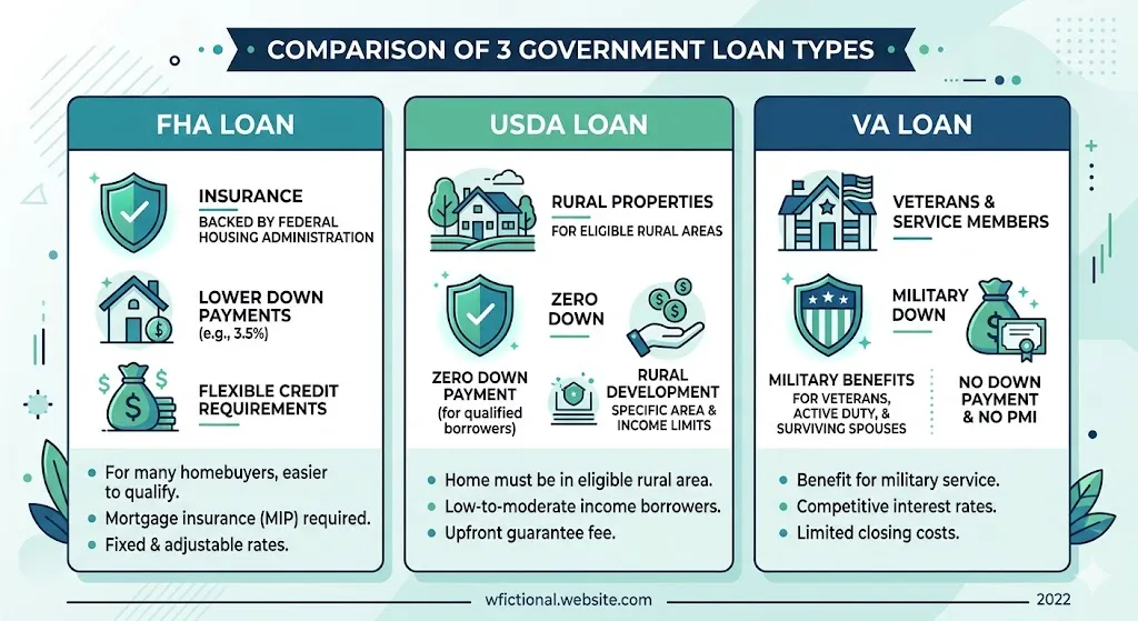 Infographic comparing FHA, USDA, and VA home loan programs including down payment requirements, eligibility, and benefits